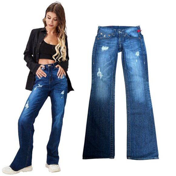 VTG.‎ TRUE RELIGION DARK WASH BOOTCUT DISTRESSED JEANS SZ. 27" NWOT - Picture 2 of 6